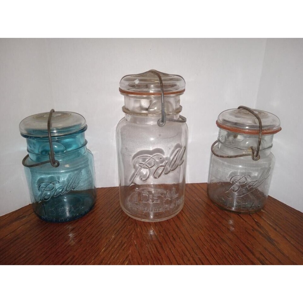 LOT OF 3, Pat'd BALL 1 Quart, 2 Pint Jar, GLASS LIDS WITH BAILS, 1 BLUE, 2 CLEAR